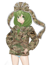 Rule 34 | 1girl, afghanistan, american flag, camouflage, female focus, flag, front ponytail, green eyes, green hair, hair ribbon, hands on own hips, highres, kagiyama hina, komii, matching hair/eyes, military, military uniform, no pants, panties, ribbon, simple background, smile, solo, striped clothes, striped panties, touhou, underwear, uniform, white background