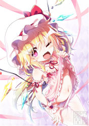 Rule 34 | 1girl, ;d, akaneya, alternate costume, blonde hair, camisole, clothes lift, clothes pull, commentary request, detached collar, fang, flandre scarlet, hat, hat ribbon, lifted by self, long hair, looking at viewer, md5 mismatch, mob cap, navel, no panties, one eye closed, open mouth, pantyhose, pantyhose pull, pink eyes, pulled by self, red ribbon, revision, ribbon, smile, solo, touhou, watermark, white pantyhose, wings, wrist cuffs