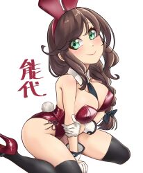 Rule 34 | 1girl, alternate costume, animal ears, between breasts, black thighhighs, blue necktie, breasts, brown hair, detached collar, fake animal ears, fake tail, gloves, green eyes, hairband, half gloves, highleg, highleg leotard, kantai collection, large breasts, leotard, necktie, necktie between breasts, noshiro (kancolle), playboy bunny, rabbit ears, rabbit tail, red footwear, red hairband, red leotard, side-tie leotard, sitting, smile, solo, strapless, strapless leotard, swept bangs, tail, thighhighs, udukikosuke, wariza, white gloves, wrist cuffs