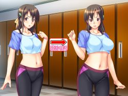 Rule 34 | 1girl, animated, bike shorts, blush, breast envy, breasts, brown eyes, brown hair, fit shichao! ~toshiue josei to asedaku lesson hatsutaiken~, game cg, gym uniform, harutachi miyu, large breasts, linea alba, locker, locker room, long hair, looking at viewer, medium breasts, navel, no pussy, nude, open mouth, shimagon, slideshow, solo, standing, third-party edit, wendybell