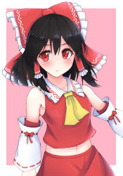 Rule 34 | 1girl, ascot, black hair, blush, border, bow, detached sleeves, hair bow, hair tubes, hakurei reimu, highres, houri sh, looking at viewer, midriff, navel, red bow, red eyes, red skirt, ribbon-trimmed sleeves, ribbon trim, sidelocks, skirt, skirt set, solo, touhou, white border, wide sleeves