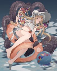 Rule 34 | 1girl, abigail williams (fate), abigail williams (swimsuit foreigner) (fate), abigail williams (swimsuit foreigner) (third ascension) (fate), bare shoulders, barefoot, bikini, blonde hair, blue eyes, bonnet, bow, breasts, cat, eldritch abomination, fate/grand order, fate (series), forehead, hair bow, hat, highres, innertube, long hair, navel, parted bangs, sidelocks, small breasts, swim ring, swimsuit, tentacles, twintails, water, white bikini, white bow, white headwear, yurumawari