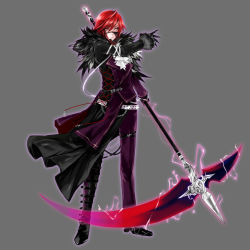 Rule 34 | 1girl, androgynous, apt, belt, black gloves, full body, fur trim, gloves, grey background, gyakushuu no fantasica, heart, highres, holding, holding weapon, looking at viewer, official art, red hair, scythe, simple background, solo, weapon, yellow eyes
