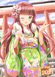 Rule 34 | 1girl, 2021, ;d, blush, brown hair, commentary request, day, floral print, fur collar, gochuumon wa usagi desu ka?, green eyes, green kimono, hands up, happy new year, highres, holding, japanese clothes, kimono, long hair, new year, obi, omikuji, one eye closed, open mouth, outdoors, print kimono, sash, smile, snow, snowing, solo, stairs, stone stairs, torii, ujimatsu chiya, v, very long hair, xenon (for achieve)