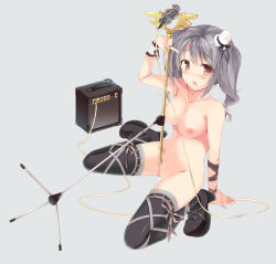 Rule 34 | 10s, 1girl, bad id, bad pixiv id, blush, breasts, brown eyes, hat, idolmaster, idolmaster cinderella girls, ise (velvet088), kanzaki ranko, long hair, looking at viewer, microphone, microphone stand, mini hat, mini top hat, navel, nipples, nude, open mouth, pussy, pussy juice, silver hair, sitting, solo, thighhighs, top hat, twintails, wariza, wrist cuffs