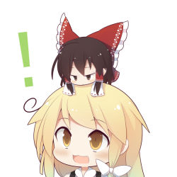 Rule 34 | !, 2girls, bad id, bad pixiv id, beni shake, blonde hair, blush, bow, brown eyes, brown hair, check commentary, chibi, chibi on head, commentary request, fang, hair bow, hair tubes, hakurei reimu, jitome, kirisame marisa, mini person, minigirl, multiple girls, on head, open mouth, role reversal, simple background, smile, touhou, white background, yellow eyes