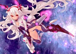Rule 34 | 1girl, alternate costume, azur lane, bad id, bad twitter id, bodysuit, rabbit tail, cleavage cutout, clothing cutout, commentary request, flat chest, glowing, headgear, karinto yamada, laffey (azur lane), long hair, red eyes, solo, tail, weapon, white hair