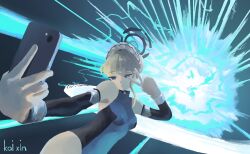 1girl absurdres blonde_hair blue_archive blue_dress blue_eyes blunt_bangs d.va_(overwatch) detached_sleeves dress explosion hair_bun highres holding holding_phone leotard long_hair maid_headdress overwatch phone selfie toki_(blue_archive) v zheng_kai_xin