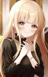 1girl absurdres black_dress blonde_hair blush bracelet closed_mouth dress hands_on_own_chest highres indoors jewelry light_smile long_hair long_sleeves looking_at_viewer otonari_no_tenshi-sama_ni_itsu_no_mani_ka_dame_ningen_ni_sarete_ita_ken sa07_drawing shiina_mahiru_(otonari_no_tenshi-sama) solo turtleneck turtleneck_dress upper_body yellow_eyes