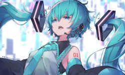 Rule 34 | 1girl, alternate hairstyle, aqua eyes, aqua hair, bare shoulders, commentary, cutting hair, detached hair, detached sleeves, fangs, hair ornament, hatsune miku, headset, highres, long hair, looking at viewer, looking down, necktie, open mouth, outstretched arms, shirt, short hair, shoulder tattoo, sleeveless, sleeveless shirt, sleeves past wrists, solo, tattoo, twintails, upper body, very long hair, vocaloid, wanaxtuco