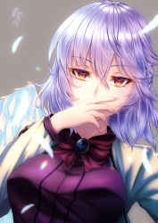 Rule 34 | 1girl, bow, bowtie, breasts, brooch, collared dress, covering own mouth, dress, expressionless, eyes visible through hair, feathers, fingernails, gem, gradient hair, grey background, hair between eyes, hand to own mouth, hand up, highres, jacket, jewelry, jitome, kishin sagume, large breasts, long fingernails, long sleeves, looking at viewer, looking away, mononobe kanako, multicolored hair, open clothes, open jacket, orange eyes, pink bow, pink bowtie, purple dress, purple hair, short hair, silver hair, simple background, single wing, solo, touhou, wings, yellow jacket