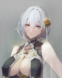 Rule 34 | 1girl, azur lane, braid, breast curtains, breasts, chilakkk, china dress, chinese clothes, cleavage, closed mouth, covered erect nipples, dress, flower, grey background, hair between eyes, hair flower, hair ornament, highres, large breasts, looking at viewer, neckwear between breasts, red eyes, revealing clothes, see-through, see-through sleeves, short hair, side braid, sirius (azur lane), sirius (azure horizons) (azur lane), white hair