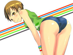 Rule 34 | 1girl, ass, atlus, bad id, bad pixiv id, bent over, blush, brown eyes, brown hair, buruma, em (totsuzen no hakike), from behind, looking at viewer, looking back, panties, persona, persona 4, satonaka chie, short hair, smile, solo, striped, thighs, underwear, wristband