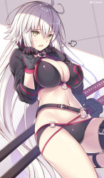 Rule 34 | 1girl, against wall, ahoge, belt, bikini, commentary request, cropped jacket, fate/grand order, fate (series), gloves, highres, jeanne d&#039;arc alter (swimsuit berserker) (fate), jeanne d&#039;arc (fate), jeanne d&#039;arc alter (fate), jeanne d&#039;arc alter (swimsuit berserker) (fate), katana, nozomi tsubame, o-ring, o-ring bikini, o-ring bottom, o-ring top, solo, sword, thigh strap, weapon, white hair, yellow eyes