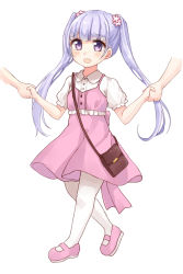 Rule 34 | 10s, 1girl, aged down, bag, dress, flower, full body, hair flower, hair ornament, handbag, highres, holding hands, kinatsu ship, long hair, looking at viewer, new game!, open mouth, pantyhose, pink dress, purple eyes, purple hair, solo, solo focus, standing, suzukaze aoba, tears, twintails, white pantyhose
