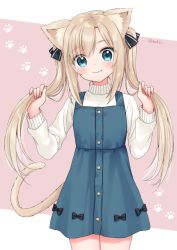 Rule 34 | 1girl, animal ear fluff, animal ears, anz32, bad id, bad pixiv id, black bow, blue dress, blush, bow, brown background, cat ears, cat girl, cat tail, closed mouth, commentary request, cowboy shot, dress, fang, fang out, hair bow, head tilt, holding, holding hair, light brown hair, long hair, long sleeves, original, sleeveless, sleeveless dress, smile, solo, striped, striped bow, sweater, tail, turtleneck, turtleneck sweater, twintails, twitter username, two-tone background, very long hair, white background, white sweater