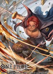 Rule 34 | 1boy, beard, cape, commentary request, electricity, facial hair, floating clothes, holding, holding sword, holding weapon, leg hair, light smile, male focus, official art, one piece, one piece card game, pebble, phima, red hair, scar, scar on face, shanks (one piece), short hair, slashing, solo, sword, weapon