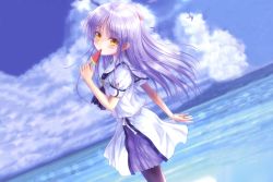 Rule 34 | 1girl, angel beats!, arm behind back, bird, black pantyhose, blue neckwear, blue sky, bow, cloud, day, dutch angle, floating hair, food, goto p, hair bow, highres, holding, holding food, long hair, miniskirt, ocean, outdoors, pantyhose, pink bow, ponytail, popsicle, sailor collar, shirt, short sleeves, silver hair, skirt, sky, solo, standing, tenshi (angel beats!), very long hair, watermelon bar, white sailor collar, white shirt, white skirt, yellow eyes