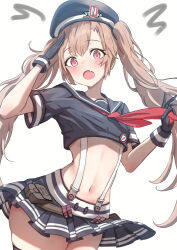 Rule 34 | 1girl, blush, brown eyes, brown hair, cropped shirt, fang, flat chest, goddess of victory: nikke, hat, hatenoga, light blush, long hair, looking at viewer, midriff, military hat, miniskirt, miranda (nikke), navel, neckerchief, open mouth, pleated skirt, pouch, red neckerchief, sailor collar, sailor shirt, salute, shirt, skin fang, skirt, solo, standing, thighhighs, thighs, twintails, very long hair