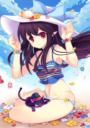 Rule 34 | 00s, 1girl, absurdres, armpits, bare legs, bare shoulders, barefoot, bikini, black hair, blue panties, blue sky, cat, cloud, day, dungeon and fighter, flower, hands on headwear, hat, highres, holding, holding clothes, holding hat, long hair, looking at viewer, mage (dungeon and fighter), navel, no pants, panties, pink eyes, pointy ears, side-tie panties, signature, sitting, sky, solo, swimsuit, tank top, tankini, underwear, underwear only, wind, witch hat, yadamon (neverland), yokozuwari