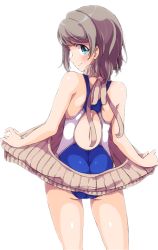 Rule 34 | 10s, 1girl, ass, back, blue eyes, blush, breasts, brown hair, competition swimsuit, highres, looking at viewer, looking back, love live!, love live! sunshine!!, meme attire, one-piece swimsuit, sen (sen0910), short hair, smile, solo, sweater, swimsuit, swimsuit under clothes, virgin killer sweater, watanabe you