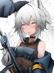 Rule 34 | 1girl, absurdres, animal ear fluff, animal ears, arknights, armband, bad id, bad pixiv id, bare shoulders, black gloves, black jacket, blue eyes, blush, brown shirt, collar, collared shirt, flying sweatdrops, gloves, grani (arknights), headpat, highres, horse ears, infection monitor (arknights), jacket, long hair, long sleeves, looking up, open clothes, open jacket, open mouth, ponytail, shirt, silver hair, simple background, solo focus, tab head, upper body, very long hair, white background