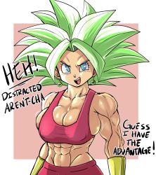 Rule 34 | abs, breasts, cleavage, dragon ball, dragon ball super, earrings, green hair, highres, jewelry, kefla (dragon ball), large breasts, looking at viewer, muscular, muscular female, pseudocel, solo, text focus