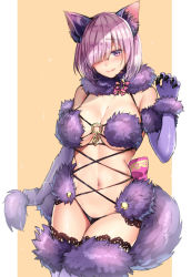 Rule 34 | 1girl, animal ears, bad id, bad pixiv id, black panties, blush, breasts, closed mouth, cowboy shot, elbow gloves, fate/grand order, fate (series), fur-trimmed gloves, fur-trimmed legwear, fur collar, fur trim, glint, gloves, hair over one eye, hand up, highres, large breasts, looking at viewer, mash kyrielight, mash kyrielight (dangerous beast), navel, o-ring, o-ring top, official alternate costume, panties, purple eyes, purple gloves, purple hair, purple thighhighs, revealing clothes, short hair, smile, solo, sparkle, tail, thighhighs, thighs, tsukiriran, tsurime, underwear, wolf ears, wolf tail