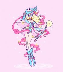 Rule 34 | 1girl, arm up, bare shoulders, blonde hair, blue footwear, boots, breasts, cleavage, cloud, dark magician girl, duel monster, full body, hand on headwear, hat, high heel boots, high heels, holding, holding wand, long hair, mamobot, pastel colors, pink background, solo, sparkle, standing, star (symbol), wand, wizard hat, yu-gi-oh!, yu-gi-oh! duel monsters