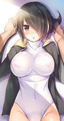 Rule 34 | 10s, 1boy, 1girl, :o, against wall, arms up, black hair, black jacket, blush, breasts, commentary request, covered erect nipples, covered navel, dark-skinned male, dark skin, emperor penguin (kemono friends), eyes visible through hair, groin, hair over one eye, highleg, highleg leotard, highres, hood, hood down, hooded jacket, jacket, kemono friends, large breasts, leotard, light rays, long hair, long sleeves, looking at viewer, massan, multicolored hair, open clothes, open jacket, parted lips, pinned, pov, solo focus, turtleneck, two-tone hair, yellow eyes