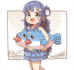 Rule 34 | 1girl, :d, asari nanami, bare arms, bare shoulders, blue eyes, blue hair, blush, carrying, carrying under arm, feet out of frame, fish hair ornament, hair ornament, hair rings, hairclip, idolmaster, idolmaster cinderella girls, long hair, looking at viewer, one-piece swimsuit, open mouth, smile, solo, swimsuit, teeth, upper teeth only, very long hair, walking, white one-piece swimsuit, yukie (kusaka shi)