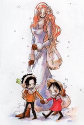 Rule 34 | 1girl, 2boys, age difference, highres, long hair, monkey d. luffy, multiple boys, one piece, orange hair, portgas d. ace, portgas d. rouge, smile, winter