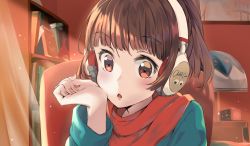 Rule 34 | 1girl, :o, absurdres, alarm clock, blue sweater, brown eyes, brown hair, clock, curtains, dot nose, fingernails, hand up, headphones, highres, indoors, light particles, lofi girl, lofi girl (youtube), long sleeves, looking at viewer, looking to the side, nail polish, parted lips, pink nails, ponytail, red scarf, scarf, solo, surprised, sweater, timo wei95