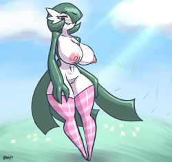 Rule 34 | 1girl, blush, breasts, cleft of venus, collarbone, creatures (company), curvy, full body, game freak, gardevoir, gen 3 pokemon, green hair, hair over one eye, highres, large breasts, looking at viewer, narrow waist, naughty face, navel, neayix, nintendo, nipples, pink thighhighs, pokemon, pokemon (creature), pussy, red eyes, short hair, smile, solo, standing, striped clothes, striped thighhighs, thighhighs, uncensored