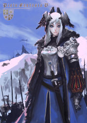 Rule 34 | 1girl, armor, blue eyes, breastplate, cape, embroidery, flower, fur, gauntlets, highres, long hair, pixiv fantasia, pixiv fantasia 5, shoulder armor, snow, solo, pauldrons, sword, valkyrie, weapon, white hair, wings, xiaji