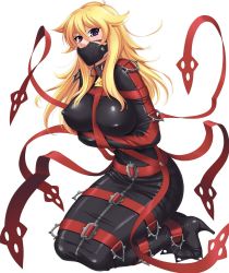 Rule 34 | 00s, 1girl, bdsm, blonde hair, bondage, bound, breasts, covered erect nipples, female focus, ferryl (taimanin asagi battle arena), gag, gagged, highres, large breasts, lilith-soft, long hair, looking at viewer, nipples, sitting, solo, straitjacket, taimanin (series), taimanin asagi, taimanin asagi kessen arena, zol