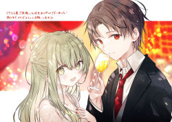 Rule 34 | 1boy, 1girl, alcohol, black suit, blurry, blurry background, blush, brown hair, cecilia (shiro seijo to kuro bokushi), closed mouth, collared shirt, commentary request, cup, dress, drinking glass, formal, green eyes, green hair, kazutake hazano, lawrence (shiro seijo to kuro bokushi), long hair, long sleeves, nail polish, necktie, open mouth, red eyes, red nails, red necktie, shiro seijo to kuro bokushi, shirt, sidelocks, suit, translation request, white shirt