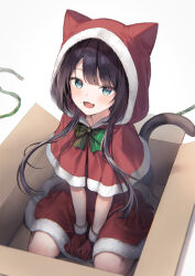 Rule 34 | 1girl, :d, animal ears, animal hood, between legs, black hair, blush, bow, box, capelet, cardboard box, cat ears, cat hood, cat tail, christmas, commentary request, dress, fur-trimmed capelet, fur-trimmed dress, fur-trimmed hood, fur trim, gloves, green bow, green eyes, grey background, hand between legs, hood, hood up, hooded capelet, in box, in container, long hair, looking at viewer, midorikawa you, open mouth, original, red capelet, red dress, red gloves, shadow, simple background, smile, solo, striped, striped bow, tail, very long hair