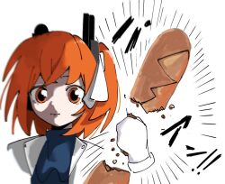Rule 34 | 0 onibi, 1girl, a.i. voice, adachi rei, baguette, bread, closed mouth, crumbs, food, gloves, hair ribbon, hand up, jacket, looking at viewer, medium hair, open clothes, open jacket, orange eyes, orange hair, ribbon, simple background, solo, utau, white background, white gloves, white jacket, white ribbon