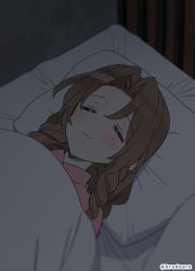 Rule 34 | 1girl, :3, aerith gainsborough, bed, bed sheet, blanket, blush, braid, brown hair, closed eyes, curly hair, final fantasy, final fantasy vii, final fantasy vii remake, highres, krudears, pajamas, parted bangs, pillow, sidelocks, sleeping, solo, square enix
