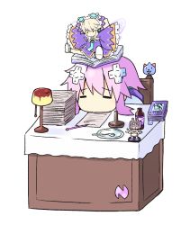 Rule 34 | 2girls, blonde hair, book, chair, commentary request, d-pad, d-pad hair ornament, desk, dogoo, doria (p f dolia), food, hair ornament, histoire, lamp, leaning on table, multiple girls, nepgyaa, neptune (neptunia), neptune (series), outstretched arms, paper, pen, plate, pudding, purple hair, simple background, sitting, sitting on head, sitting on person, spoon, spread legs, white background