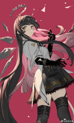 Rule 34 | 1girl, absurdly long hair, ahoge, arched back, arknights, artist name, ascot, belt, belt buckle, belt pouch, black ascot, black belt, black garter straps, black gloves, black hair, black pouch, black skirt, black sleeves, black thighhighs, blunt bangs, breasts, broken halo, brown eyes, brown hair, buckle, chinese commentary, chinese text, closed mouth, collared jacket, colored inner hair, commentary request, cowboy shot, dark halo, detached wings, dutch angle, energy wings, expressionless, eyelashes, from side, garter straps, gloves, grey halo, grey wings, halo, hands up, highres, hime cut, jacket, layered sleeves, light blush, long hair, long sleeves, looking at viewer, looking to the side, medium breasts, miniskirt, mole, mole under eye, multicolored hair, outstretched hand, pale skin, pink background, pink hair, pleated skirt, pouch, shade, short over long sleeves, short-sleeved jacket, short sleeves, sidelocks, simple background, skirt, solo, standing, thighhighs, thighs, very long hair, virtuosa (arknights), watermark, weibo 5531617240, weibo logo, weibo watermark, white belt, white jacket, wide sleeves, wings, yellow pupils, zettai ryouiki