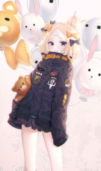 Rule 34 | 1girl, abigail williams (fate), abigail williams (traveling outfit) (fate), bad id, bad pixiv id, balloon, black bow, black jacket, blonde hair, blue eyes, blush, bow, brown background, closed mouth, commentary request, crossed bandaids, fate/grand order, fate (series), fou (fate), hair bow, hair bun, heroic spirit traveling outfit, highres, jacket, key, long hair, long sleeves, looking at viewer, medjed (fate), multiple hair bows, hugging object, official alternate costume, orange bow, parted bangs, polka dot, polka dot bow, single hair bun, sleeves past fingers, sleeves past wrists, solo, star (symbol), stuffed animal, stuffed toy, teddy bear, wavy mouth, zain (jiha3905)