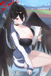 Rule 34 | 1girl, 1other, absurdres, arm support, black bra, black choker, black hair, black wings, blue archive, blush, bra, bra visible through clothes, breasts, choker, cleavage, clipboard, doodle sensei (blue archive), feathered wings, feet out of frame, fingernails, gym uniform, hasumi (blue archive), hasumi (track) (blue archive), highres, holding, holding clipboard, huge breasts, jacket, kneehighs, long hair, long hair between eyes, long sleeves, looking at another, looking at viewer, nail polish, no shirt, official alternate costume, on chair, ponytail, red eyes, rikuhito juusan, sensei (blue archive), shirt, sitting, socks, solo focus, stadium, track jacket, underwear, very long hair, white socks, wings