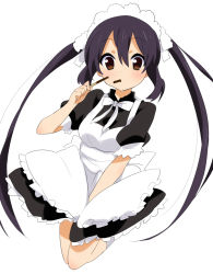 Rule 34 | 1girl, apron, bad id, bad pixiv id, blush, brown eyes, eating, food, k-on!, long hair, looking at viewer, maid, maid apron, maid headdress, nakano azusa, pocky, shuuhei (artist), shuuhei (shoohey), simple background, solo, twintails, white background
