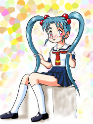 Rule 34 | 1girl, artist request, blue hair, blush, child, hair ornament, holding, holding own hair, long hair, looking at viewer, lowres, masaki sasami jurai, multicolored background, pretty sammy, pretty sammy (character), red eyes, school uniform, shoes, sitting, smile, socks, source request, tenchi muyou!