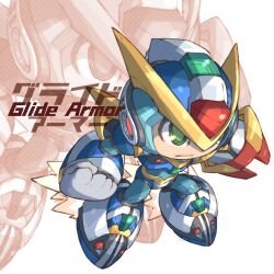 Rule 34 | 1boy, android, arm cannon, clenched hand, commentary, english commentary, english text, glide armor x (mega man), green eyes, helmet, highres, iikoao, male focus, mega man (series), mega man x7, mega man x (series), mixed-language commentary, solo, weapon, x (mega man)