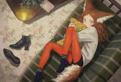 Rule 34 | 1girl, animal ear fluff, animal ears, black footwear, black nails, blush, bolero (bo le ro66), boots, brown hair, closed mouth, couch, curly hair, fingernails, floral print, high heel boots, high heels, highres, hugging object, indoors, long hair, looking at viewer, lying, mole, mole under eye, nail polish, on side, orange pantyhose, orange socks, original, pantyhose, patterned, pillow, pillow hug, plant, shoes, sleeves past wrists, socks, solo, star (symbol), star print, table, tail, unworn boots, unworn shoes, yellow eyes