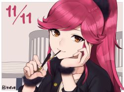 Rule 34 | 10s, 1girl, aikatsu!, aikatsu! (series), blush, brown eyes, dated, food, giving, head rest, hitoto, long hair, looking at viewer, mouth hold, otoshiro seira, pocky, ponytail, red hair, religious offering, smile, solo, wristband