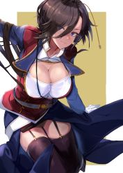 Rule 34 | 1girl, absurdres, ark royal (azur lane), azur lane, belt, black hair, black skin, black thighhighs, blue belt, blue eyes, blue sleeves, breasts, cleavage, cleavage cutout, closed mouth, clothing cutout, colored skin, commentary request, cowboy shot, eyes visible through hair, gloves, hair between eyes, hair ornament, hair over one eye, highres, jacket, large breasts, long sleeves, looking at viewer, miniskirt, red jacket, sankyo (821-scoville), shirt, short hair, sidelocks, skindentation, skirt, smile, solo, standing, thighhighs, waistcoat, white shirt, yellow background, zettai ryouiki